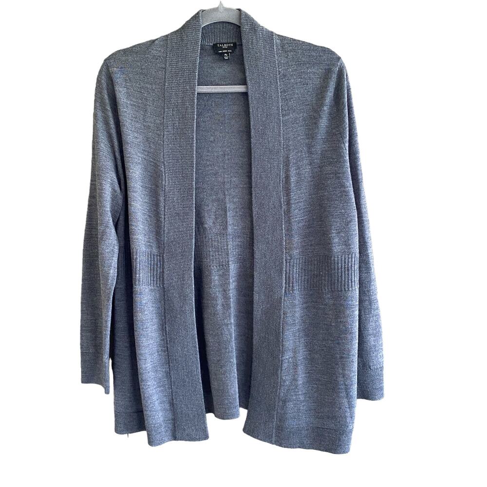 TALBOTS Cardigan MP Medium Petite Merino Wool Gray Ribbed Waist